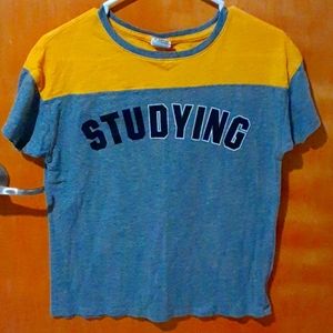 PINK Victoria's Secret T-shirt STUDYING, XS, Yellow and Gray